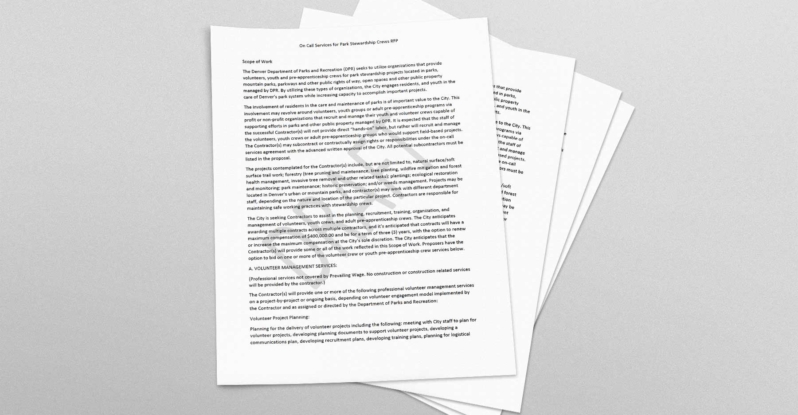 A stack of papers showing the City of Denver's Stewardship RFP